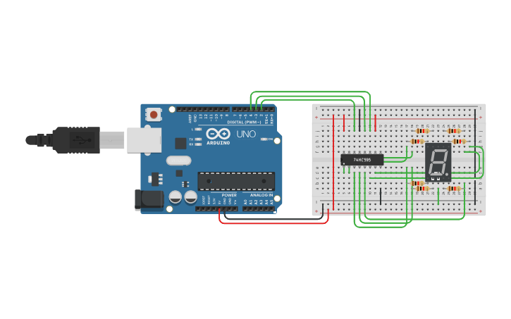 Circuit design 7-segment display+74HC595 - Tinkercad