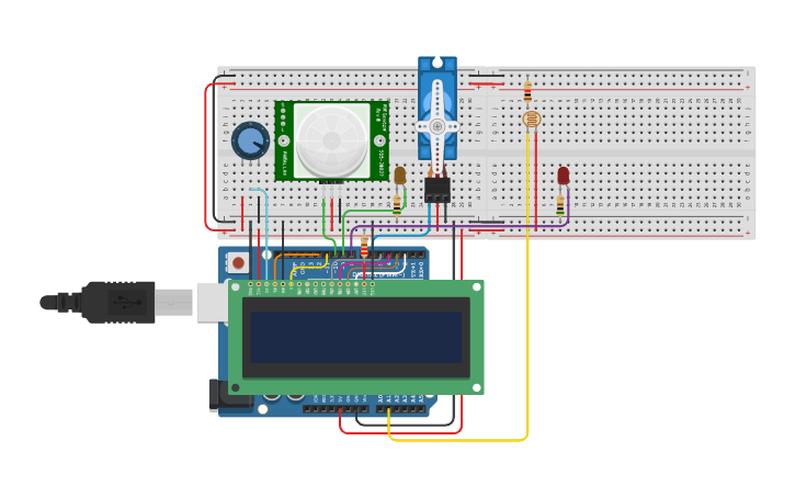 Circuit design LCD WITH PIR AND LDR SENSOR | Tinkercad