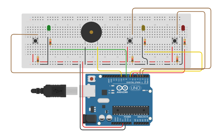 Circuit design Arduino usando Buzzer e LEDS - Tinkercad