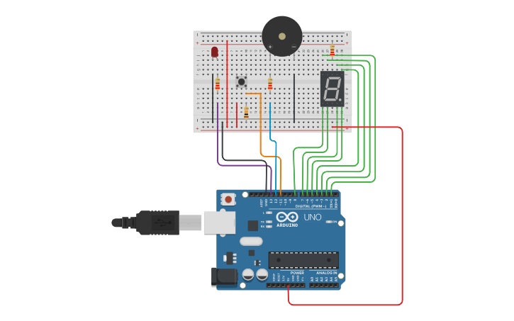 Circuit design Arduino Timer con Display a 1 Cifra - Tinkercad