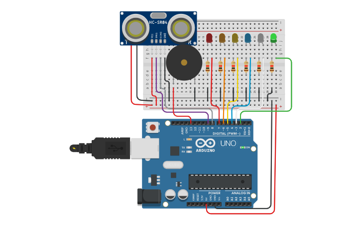 Circuit design sensor de distancia - Tinkercad