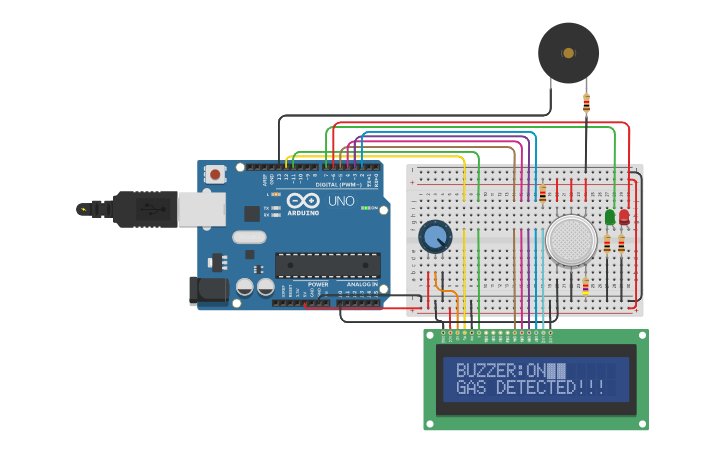 Circuit design TinkerCAD Gas Warning Monitoring System - Tinkercad