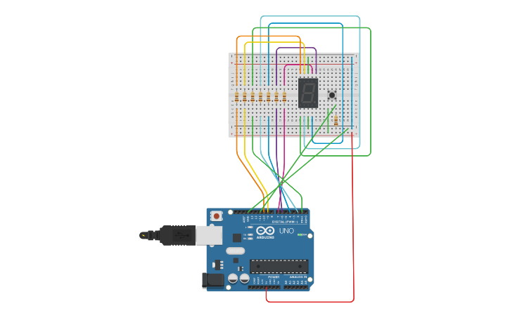 Circuit design display 7 segmenti con un pulsante - Tinkercad