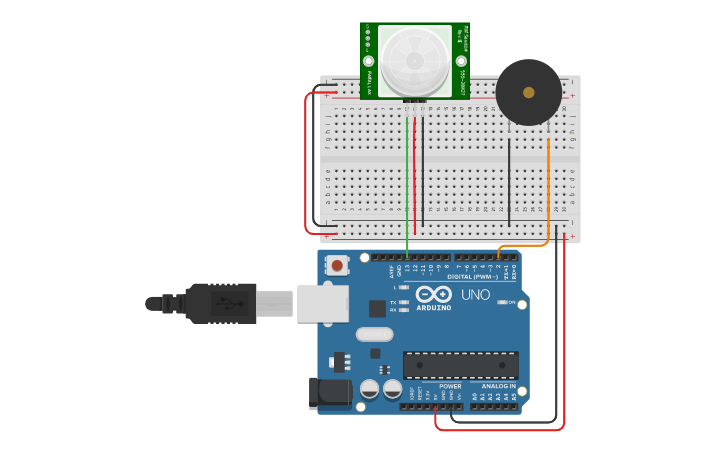 Circuit design PIR sensor & buzzer - Tinkercad
