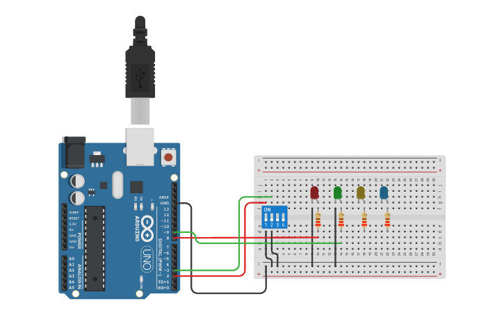 Circuit design Dip switch e LED - Tinkercad