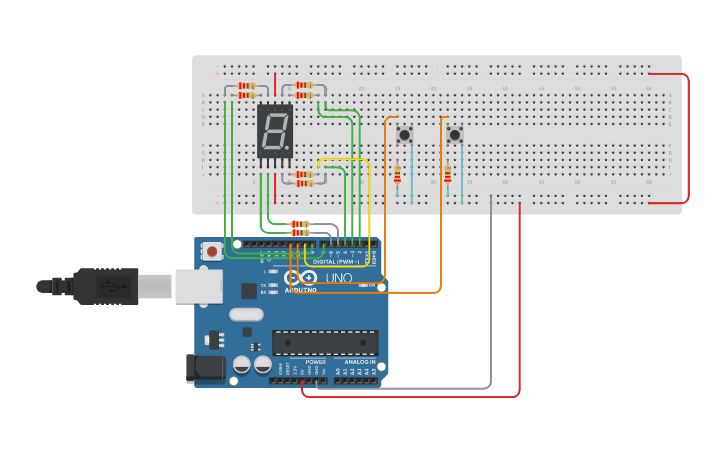 Circuit design seven segment display using pushbutton - Tinkercad