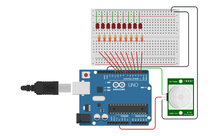 Circuit design Knight Rider sensor - Tinkercad