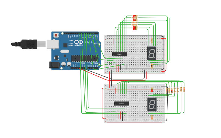 Circuit Design Two 7 Segment Display With Two Cd4511 Tinkercad