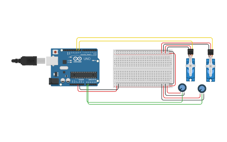 Circuit design GEMV Arduino 2 servo,2potenciadores | Tinkercad