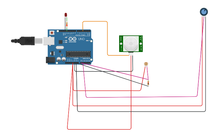 Circuit design Aprindere led cu senzor de miscare | Tinkercad