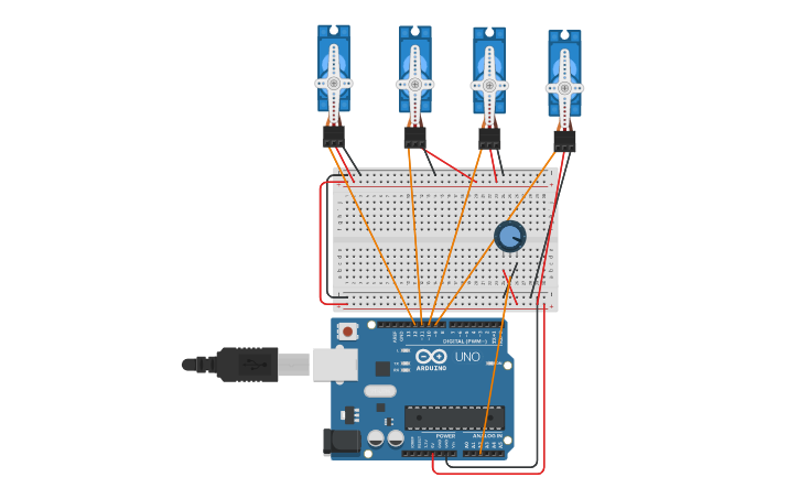 Circuit design LAB 12-4 PotentiometerX1 Control ServoX4 | Tinkercad