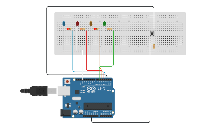 Circuit design Random led button - Tinkercad