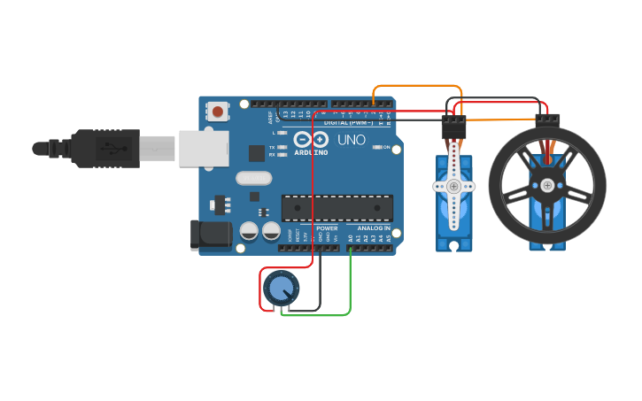 Circuit design two servo motor control with potentiometer - Tinkercad
