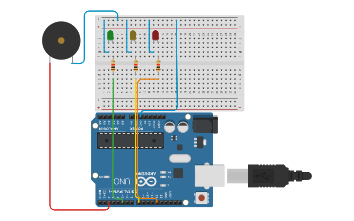Circuit design Practica 2 Semáforo | Tinkercad