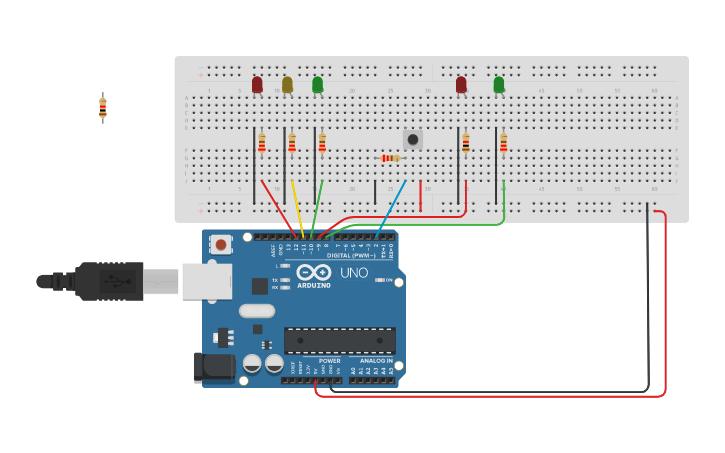 Circuit design Interactive traffic lights - Tinkercad