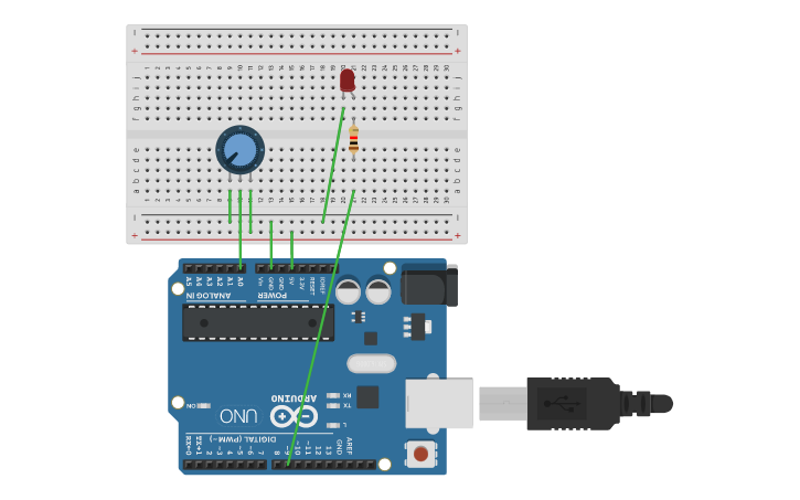 Circuit design 电位器控制小灯亮度(串口通讯) - Tinkercad