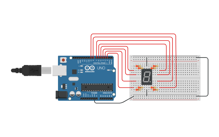 Circuit design 7 segment display with functions - Tinkercad