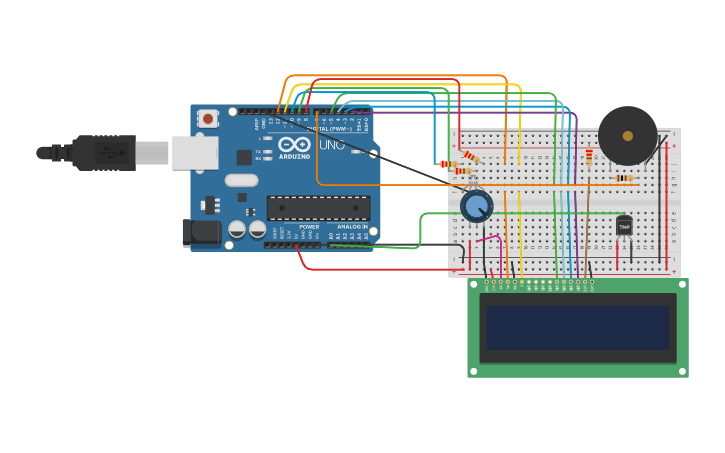 Circuit design Temperature sensor with RGB,Buzzer and display - Tinkercad