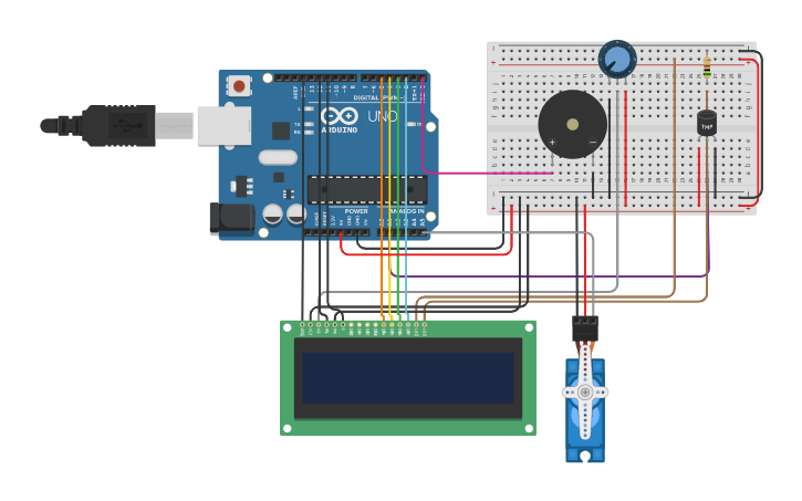 Circuit design temp sensor + buzzer + lcd | Tinkercad