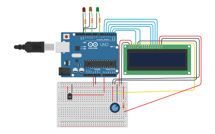 Circuit design TMP Sensor with LED and LCD - Tinkercad