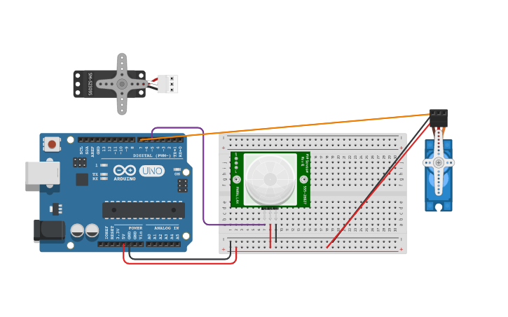 Circuit design Sensor PIR con Servomotor - Tinkercad