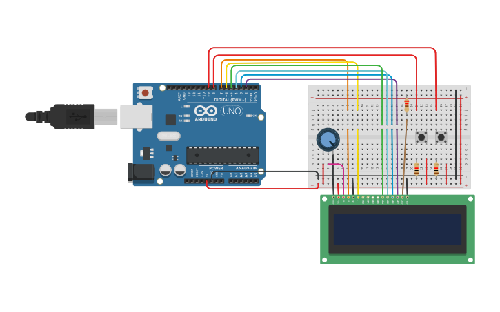 Circuit design Arduino+Pulsador+LCD - Tinkercad