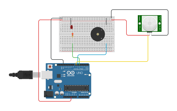 Circuit design ARDUINO PIR Sensor LED and buzzer - Tinkercad
