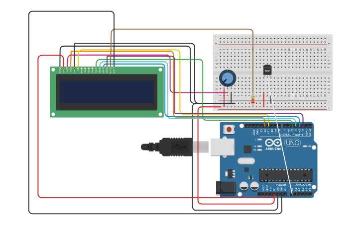 Circuit design sensor DHT11 dan LCD - Tinkercad