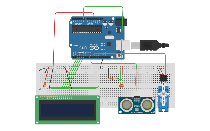 Circuit design 조도 센서+초음파 센서+서버모터+LCD - Tinkercad