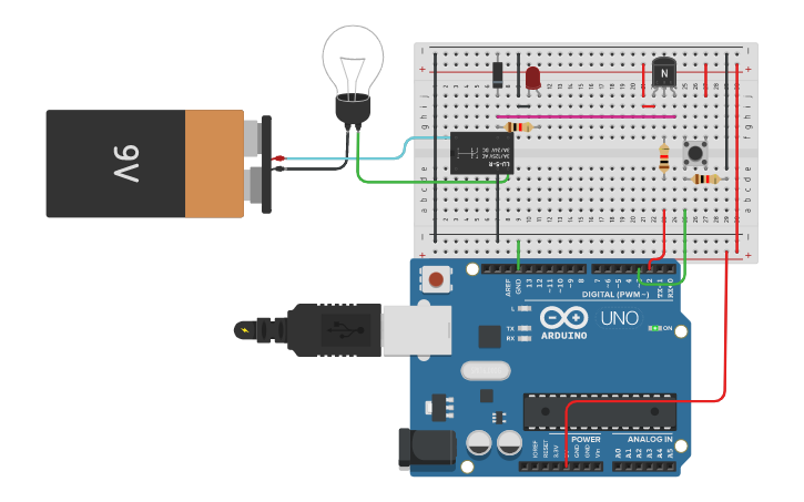 Circuit design Control pushbutton using relay - Tinkercad