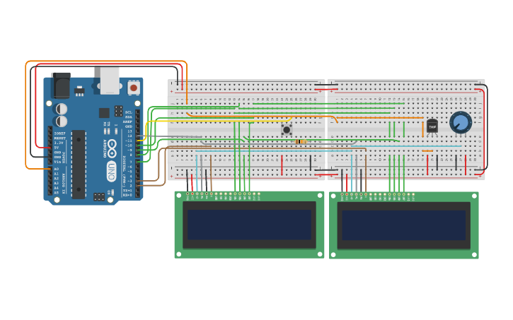 Circuit design 2 LCD, 1 Arduino, Temp and Timer | Tinkercad
