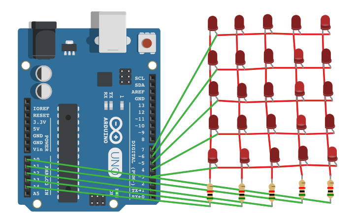 Programming 5x5 Led Matrix Circuit design test led matrix 5x5 (scroll text) - Tinkercad