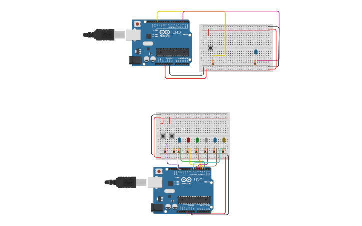 Circuit design ACTIVIDAD PULSADORES Y LEDS | Tinkercad