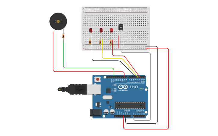Circuit design Temperature Sensor with LED and Buzzer - Tinkercad