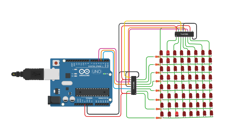 Circuit design 8x8 LED matrix 74HC595 - Tinkercad