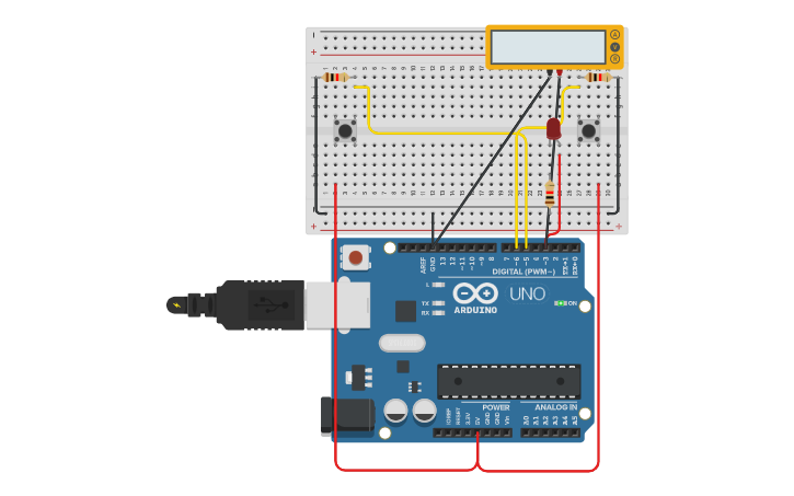 Circuit design led dos botones - Tinkercad