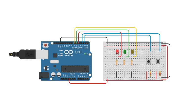 Circuit design 3 LEDs 2 Botões - Tinkercad