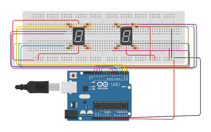 Circuit design 7-Segment Display Practical - Tinkercad