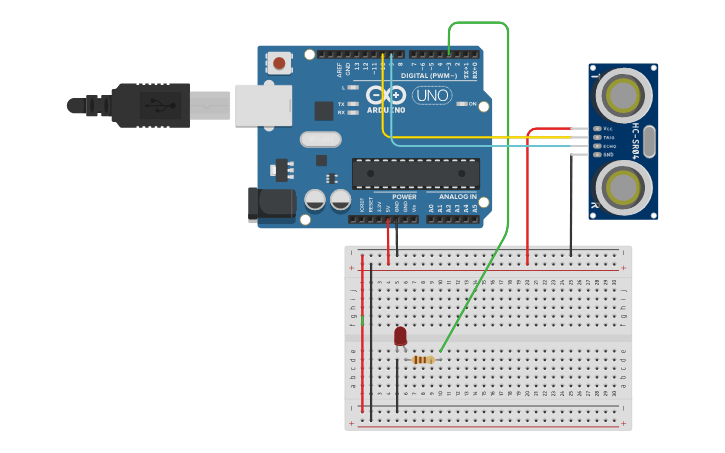 Circuit design Sensor ultrasonico con distancia menor a 20cm - Tinkercad