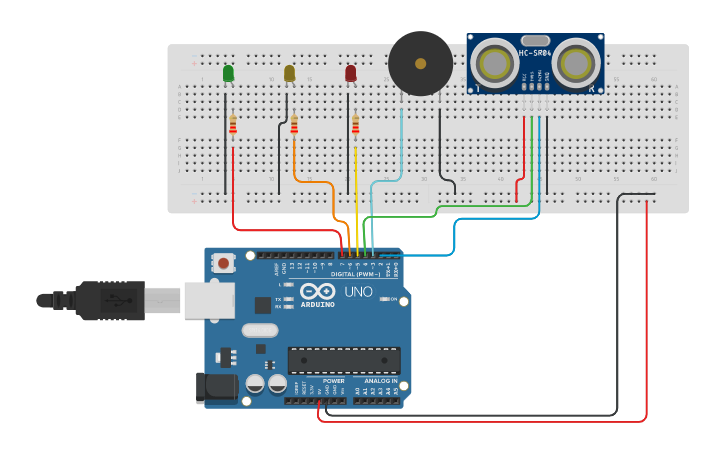 Circuit design ALARMA CON SENSOR ULTRASONICO - Tinkercad