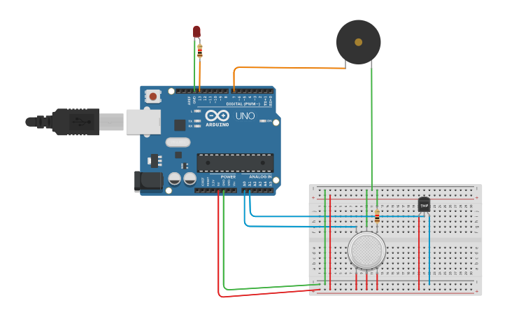 Circuit design Fire alarm system - Tinkercad