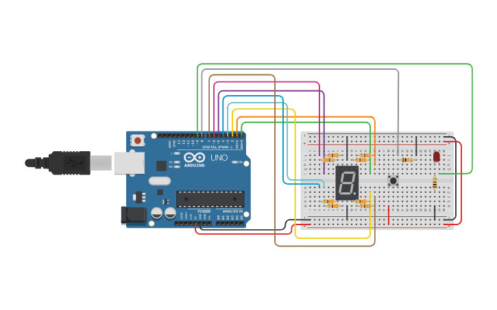 Circuit design 7segment-led-button - Tinkercad