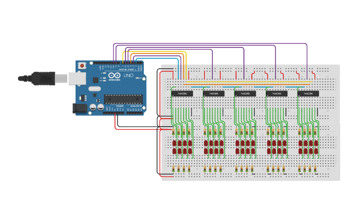 Circuit design 5x shiftregistor 595 - Tinkercad