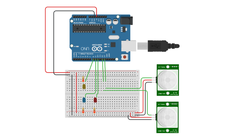 Circuit design Led con dos sensores - Tinkercad