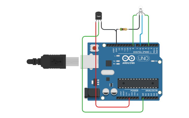 Circuit design ARDUINO TEMPERATURE SENSOR AND LED RGB | Tinkercad