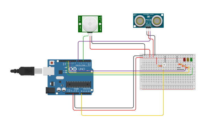 Circuit design 3 sensor 3 LED - Tinkercad