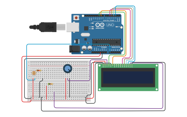 Circuit design LCD with Photoresistor - Tinkercad