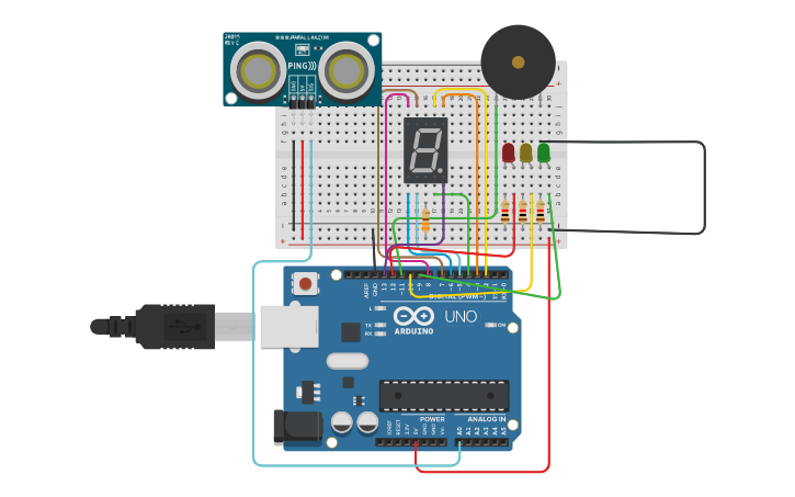 Circuit design Copy of 7 segments display distance | Tinkercad