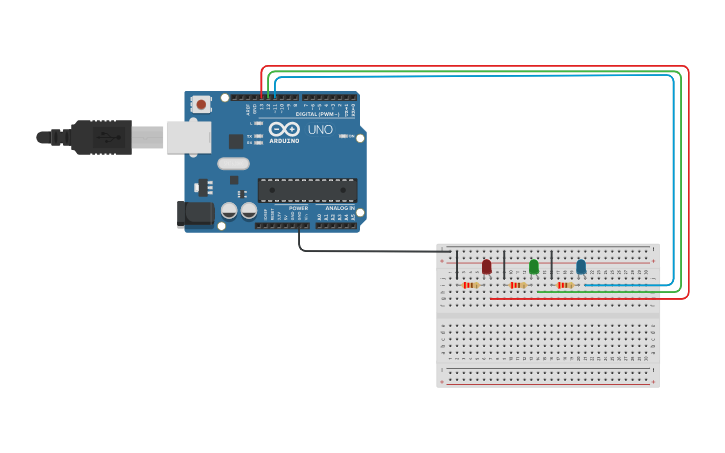 Circuit design Circuito de 3 leds | Tinkercad