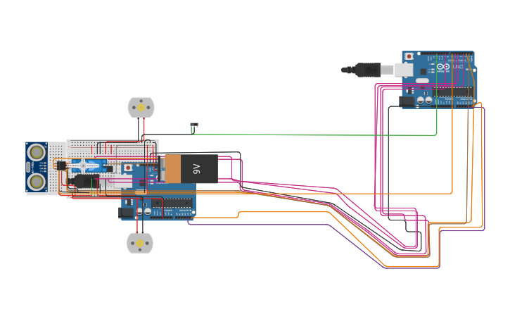 Circuit design Car with 2 Servo motors and 2 DC motors - Tinkercad